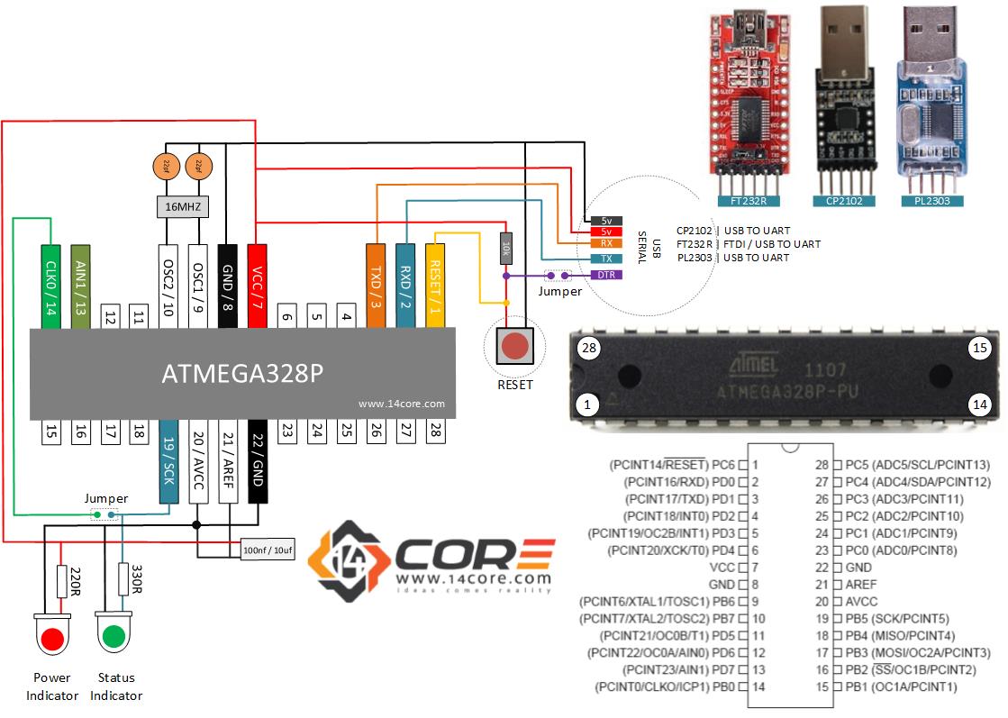 Wiring a Stand Alone ATMEGA328P CMOS 8Bit Microcontroller | 14core.com